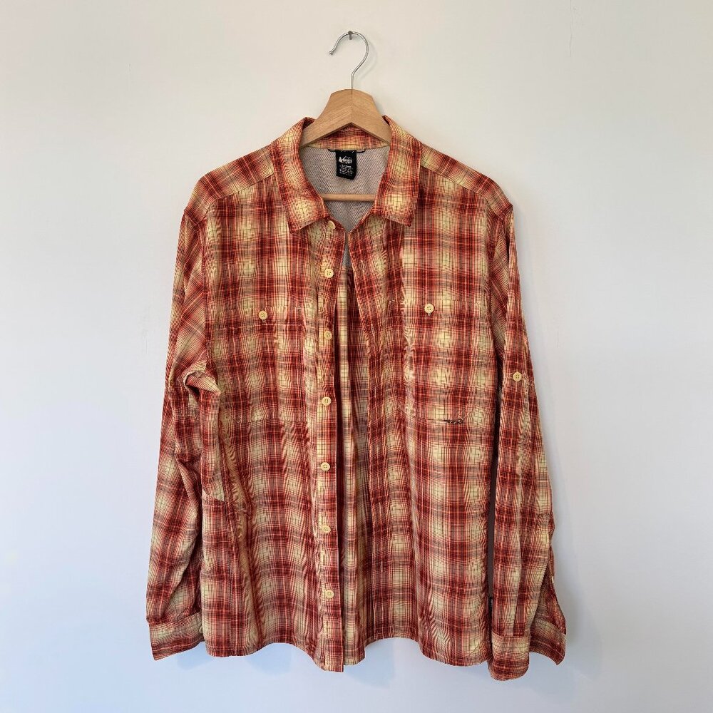 REI - Men's M - Long Sleeve Button Down Hiking Shirt Orange/Yellow/Black Plaid